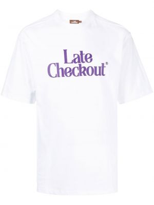 Памучна тениска с принт Late Checkout бяло