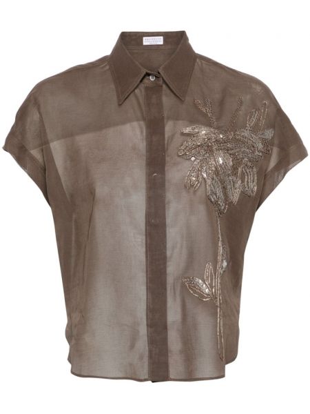 Caurspīdīgs krekls ar izšuvumiem Brunello Cucinelli brūns
