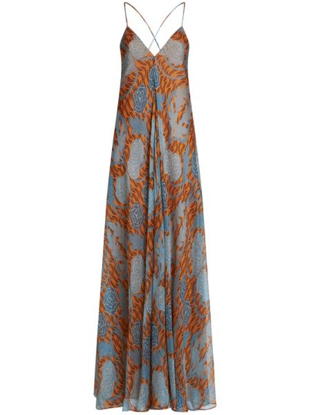 Svilena dolga obleka s cvetličnim vzorcem s potiskom Etro modra
