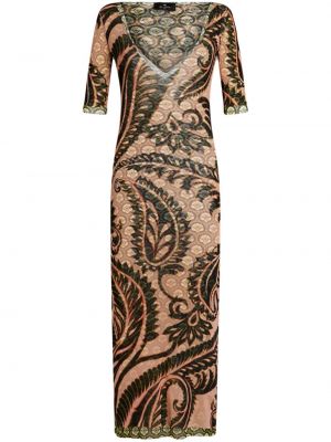 Tylové dlouhé šaty s potiskem s paisley potiskem Etro béžové