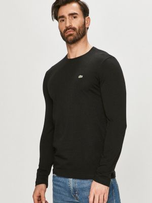 Bavlněné tričko s dlouhým rukávem s dlouhými rukávy Lacoste černé