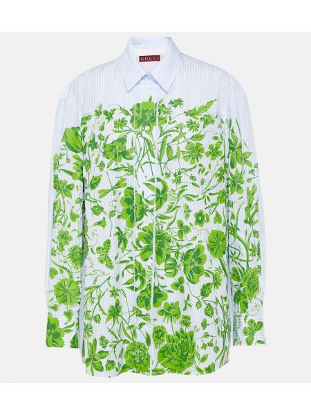 Camisa de algodón a rayas de flores Gucci verde