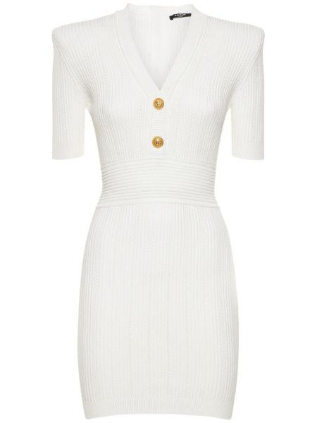 Mini robe en viscose en tricot Balmain blanc