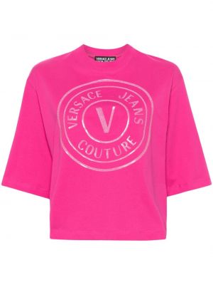 Kokvilnas t-krekls ar apdruku Versace Jeans Couture rozā