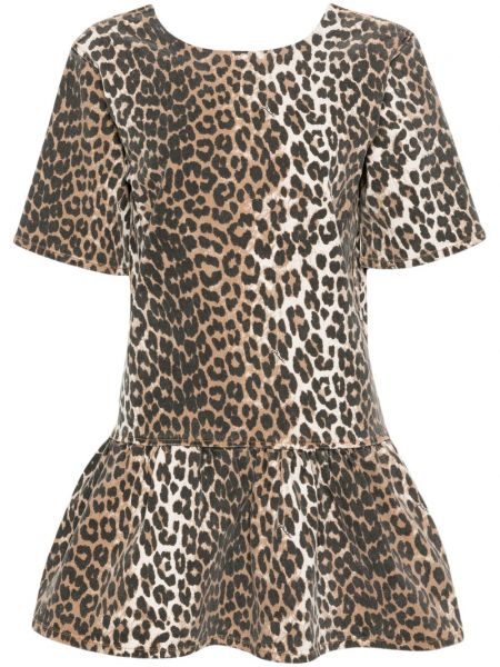 Džínsové šaty s potlačou s leopardím vzorom Ganni hnedá