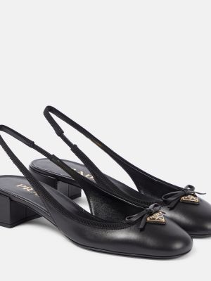 Кожени полуотворени обувки с панделка с отворена пета Prada черно