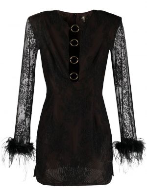 Čipkované koktejlkové šaty s perím De La Vali čierna