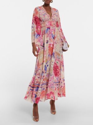 Květinové hedvábné dlouhé šaty Camilla růžové