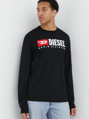 Bavlněné tričko s dlouhým rukávem s dlouhými rukávy s aplikacemi Diesel černé