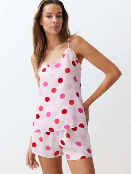 Piżama z wiskozy w grochy pleciona Trendyol różowa