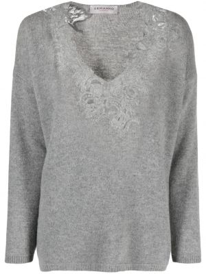 Пуловер бродиран с v-образно деколте Ermanno Firenze сиво