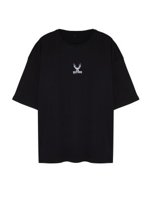 Oversize памучна тениска бродирана Trendyol черно