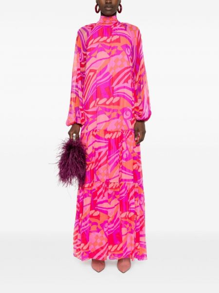 Hedvábné dlouhé šaty s potiskem s abstraktním vzorem Nissa růžové