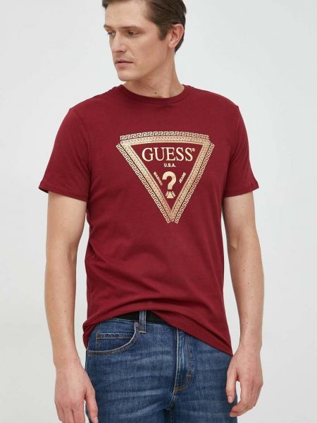 Памучна тениска с дълъг ръкав с принт Guess червено