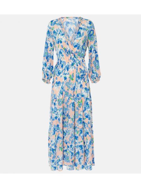 Kvetinové dlouhé šaty Poupette St Barth modrá