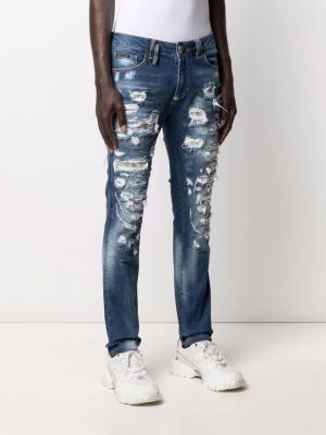 Skinny džíny s dírami se síťovinou Philipp Plein modré