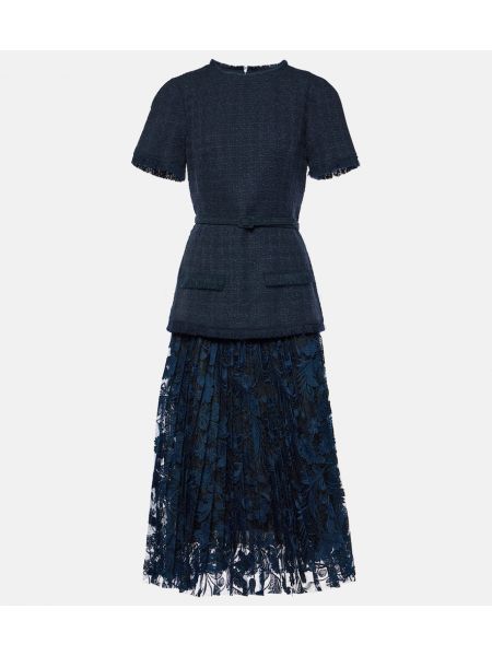 Robe mi-longue en laine en tweed en dentelle Oscar De La Renta bleu