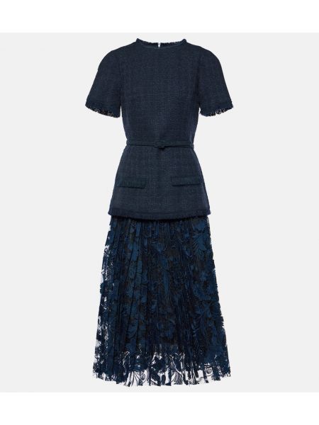 Abito midi di lana in tweed di pizzo Oscar De La Renta blu