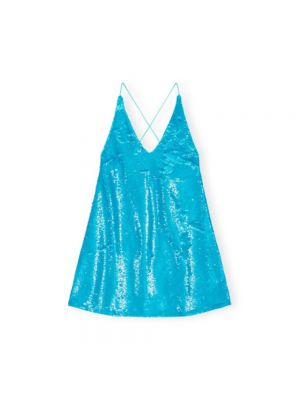 Sukienka mini z cekinami z dekoltem w serek Ganni niebieska