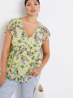 Блузка в цветочек с рюшами с баской Simply Be зеленая