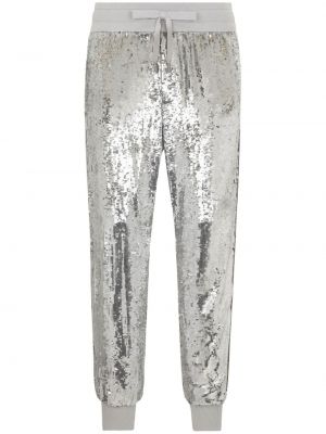 Saténové sportovní kalhoty s flitry Dolce & Gabbana stříbrné