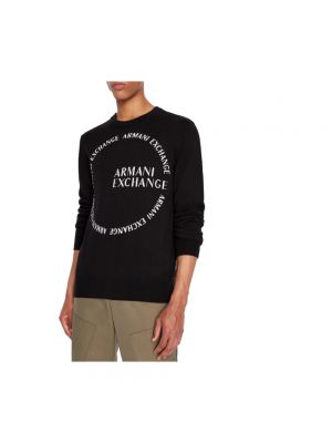 Haftowany sweter z okrągłym dekoltem Armani Exchange czarny