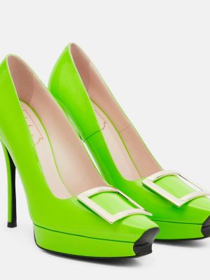 Кожени полуотворени обувки на платформе от лакирана кожа Roger Vivier зелено