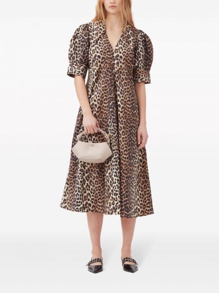 Leopardí bavlněné midi šaty s potiskem Ganni hnědé