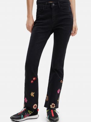Kvetinové priliehavé džínsy s rovným strihom Desigual čierna