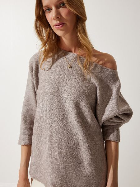 Oversized sveter s lodičkovým výstrihom Happiness İstanbul béžová