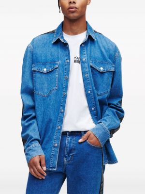 Dryžuota medvilninė džinsiniai marškiniai Karl Lagerfeld Jeans mėlyna
