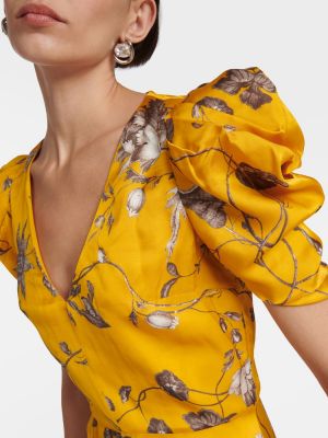 Satynowa sukienka midi w kwiatki Erdem żółta
