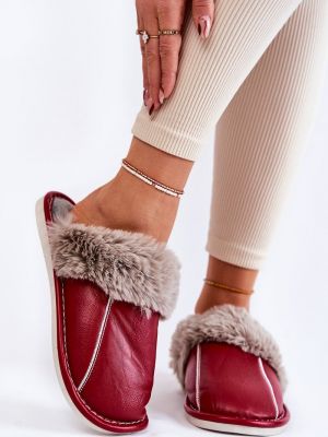 Papuci de casă cu blană din piele Kesi roșu