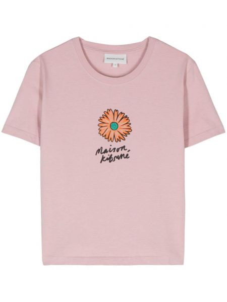 Kokvilnas t-krekls ar ziediem ar apdruku Maison Kitsuné rozā