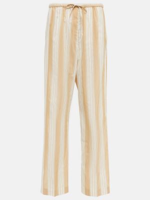 Pruhované bavlněné hedvábné rovné kalhoty Totême béžové