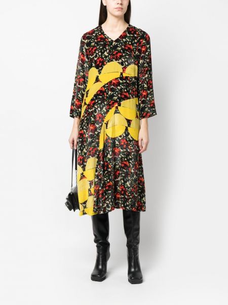 Midi šaty s potiskem s abstraktním vzorem Dries Van Noten Pre-owned žluté