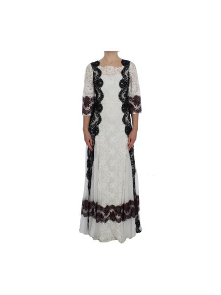 Jedwabna sukienka długa w kwiatki koronkowa Dolce And Gabbana biała
