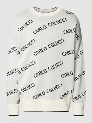 Biały dzianinowy sweter z nadrukiem Carlo Colucci