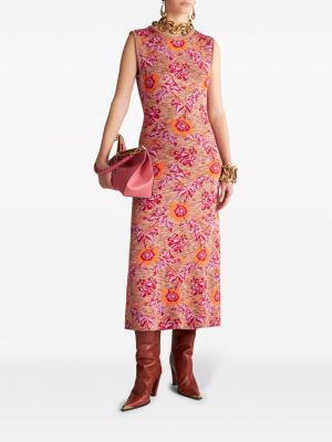 Žakárové květinové dlouhé šaty bez rukávů Etro růžové