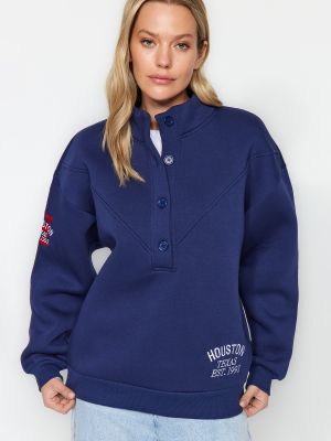 Megztas siuvinėtas fliso džemperis su sagomis Trendyol mėlyna