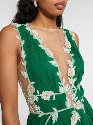 Hedvábné dlouhé šaty s výšivkou s výstřihem do v Costarellos zelené
