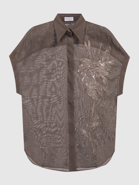 Коричневая блузка с вышивкой с пайетками Brunello Cucinelli