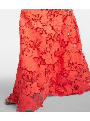 Sukienka długa w kwiatki koronkowa Oscar De La Renta pomarańczowa