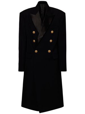 Satynowy płaszcz wełniany oversize Balmain czarny