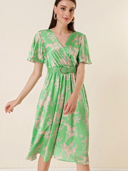 Kvetinové saténové šaty s golierom By Saygı zelená