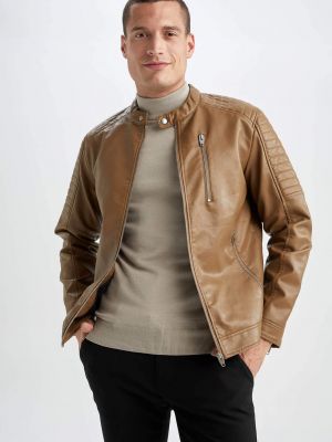 Slim fit kožený kabát z imitace kůže Defacto hnědý