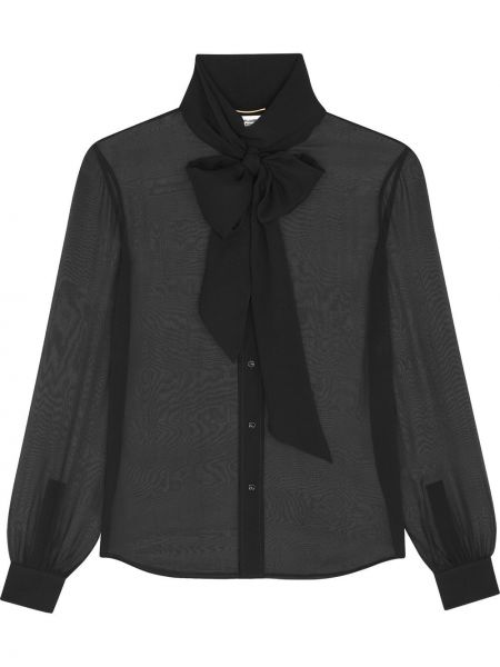 Копринена блуза с връзки с дантела Saint Laurent черно