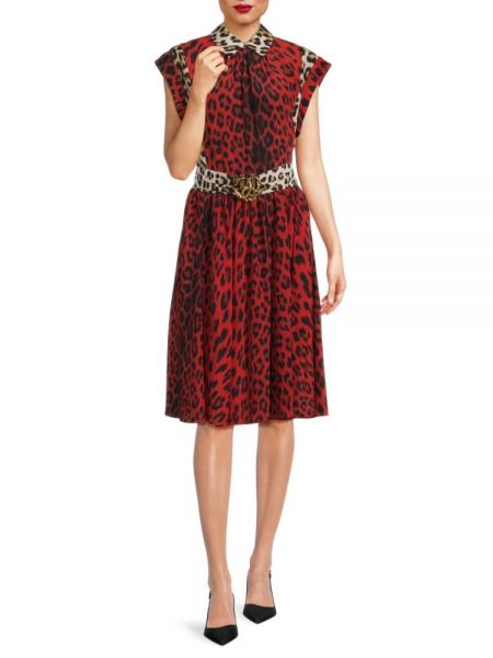 Леопардовое шелковое платье-рубашка с принтом Roberto Cavalli красное