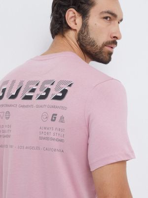 Памучна тениска с дълъг ръкав с принт Guess розово