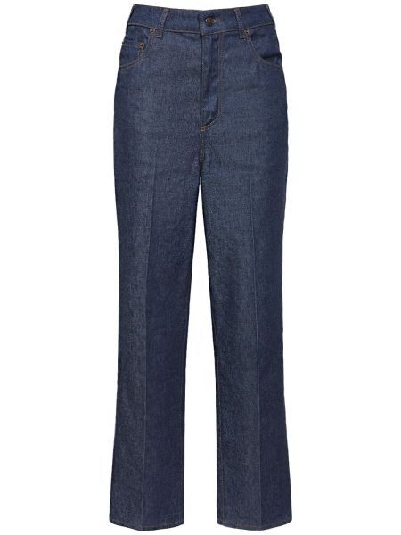 Lniane proste jeansy bawełniane z wysoką talią Loro Piana niebieskie